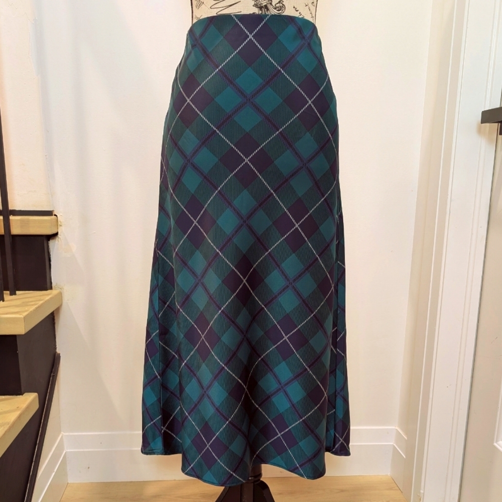 JOIE | Women's Green/Navy Tartan Satin A-Line Slip-on Midi Skirt